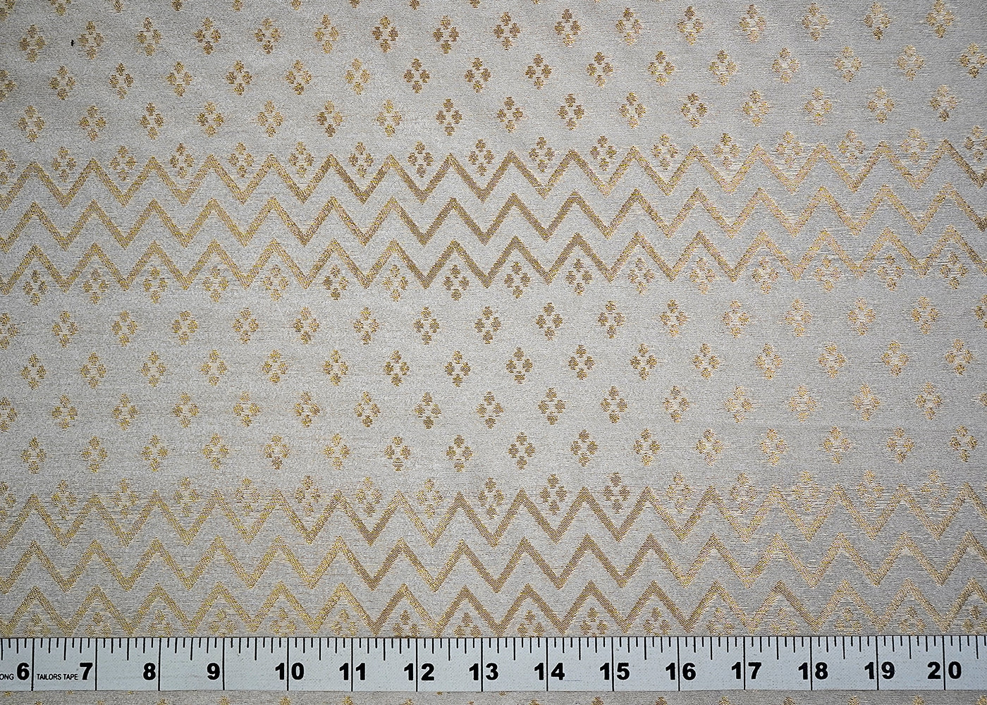 (Pre-Cut 2.55 MTR) White Banarasi Brocade Fabric With All Ove Golden Zari Handloom 18491