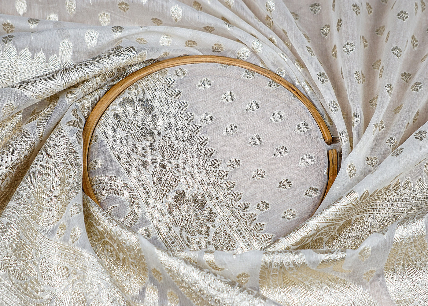 (Pre-Cut 2 MTR) White Chanderi Fabric With All Over Golden Zari Handloom And One Side Border 18492