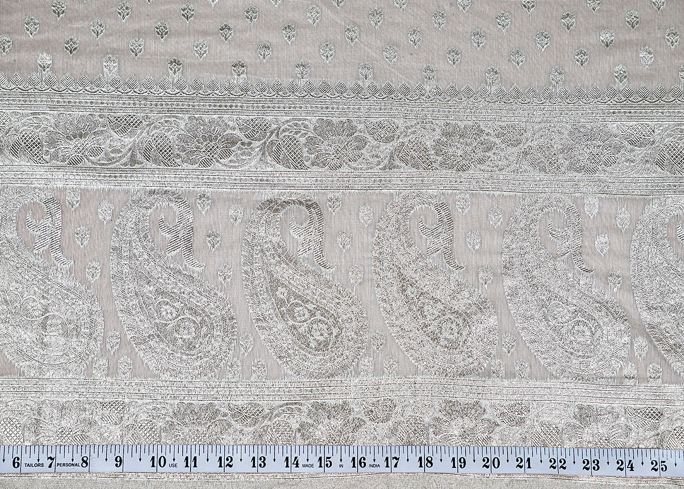 (Pre-Cut 2 MTR) Off White Chanderi Fabric With All Over Zari Handloom With One Side Border 18493