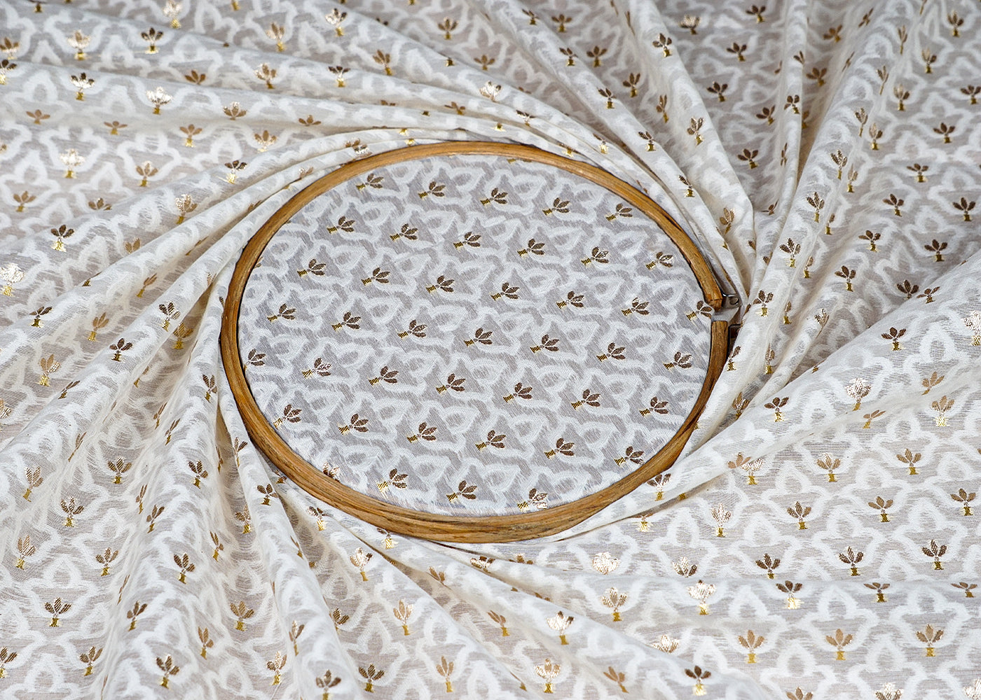 (Pre-Cut 2.1 MTR) White Chanderi Fabric With All Over Golden Zari And Thread Handloom  18495