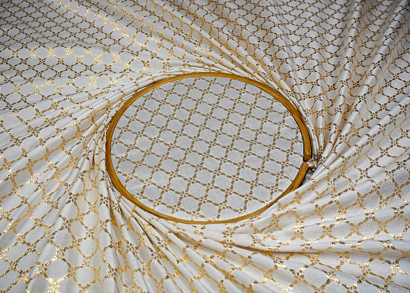 (Pre-Cut 2.7 MTR) White Silk Fabric With All Over Golden Zari Handloom  18496