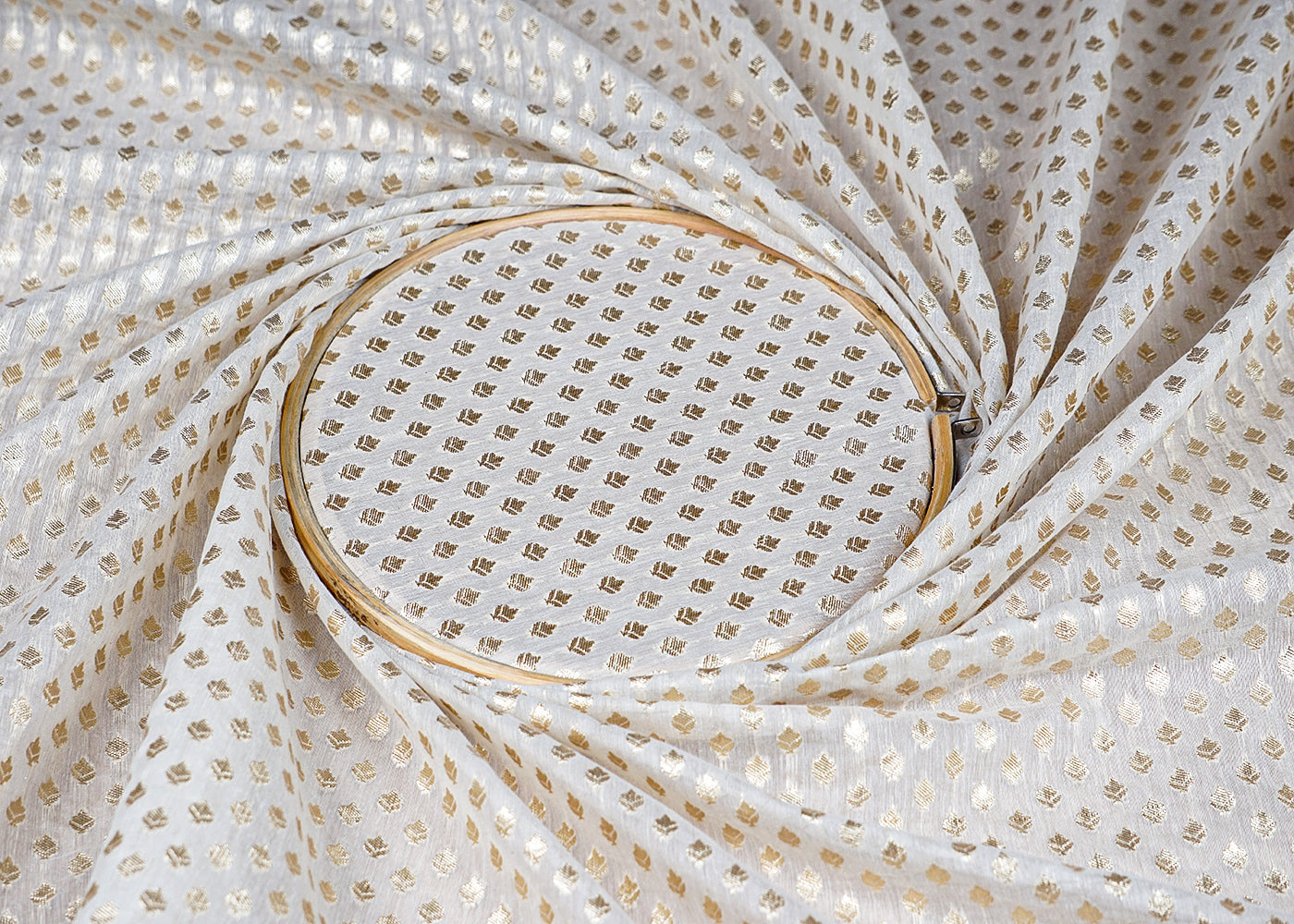 (Pre-Cut 3.1 MTR) White Chanderi Fabric With All Over Golden Zari Handloom  18497