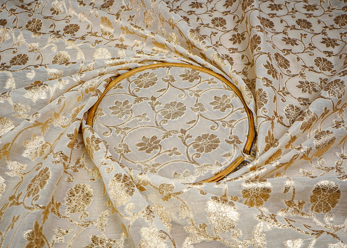 (Pre-Cut 2.65 MTR) White Chanderi Fabric With All Over Golden Zari Handloom  18500