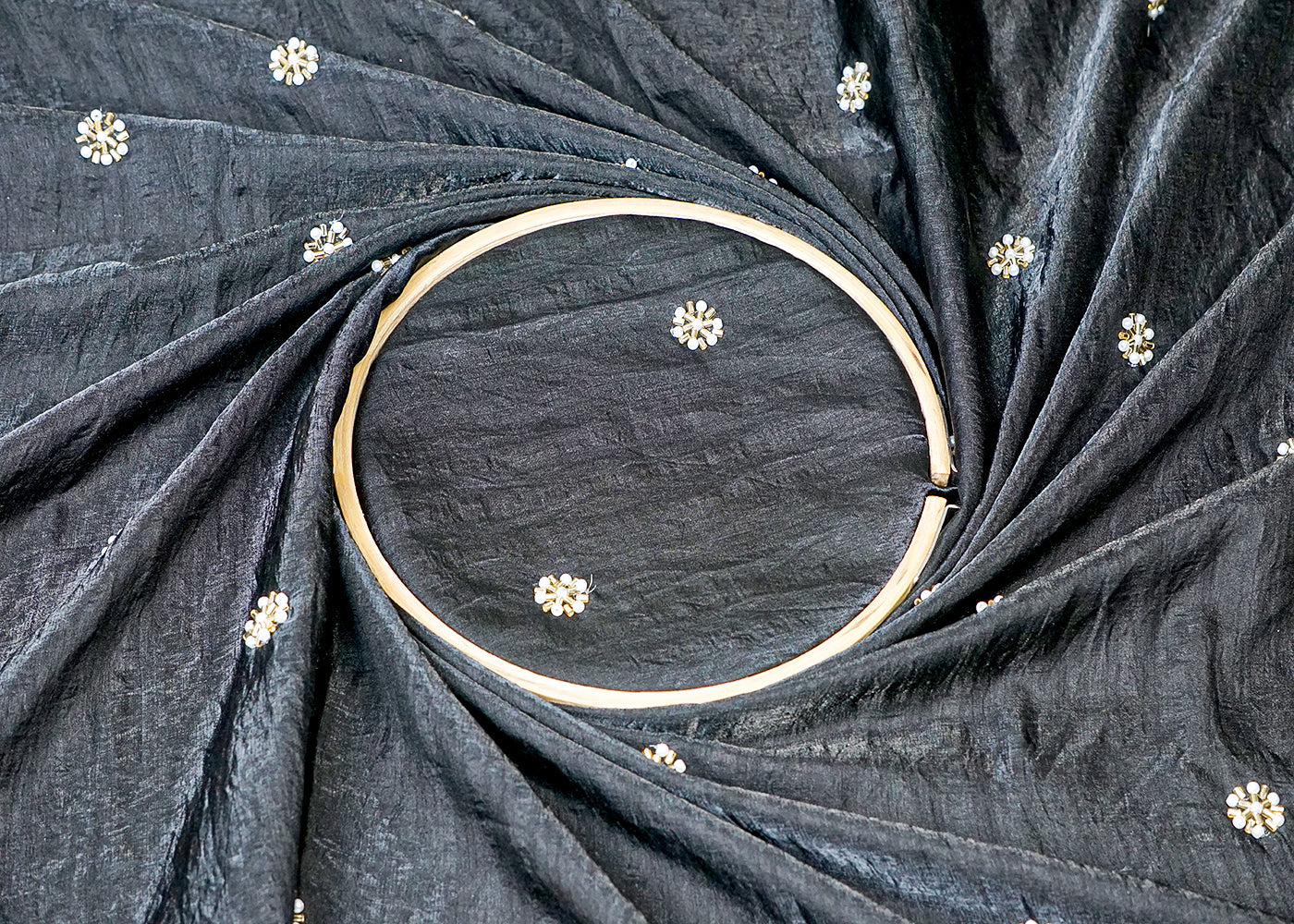 (Pre-Cut 2 MTR) Black Diamond Silk Fabric With All Over Katdana And Peral Buti 18503