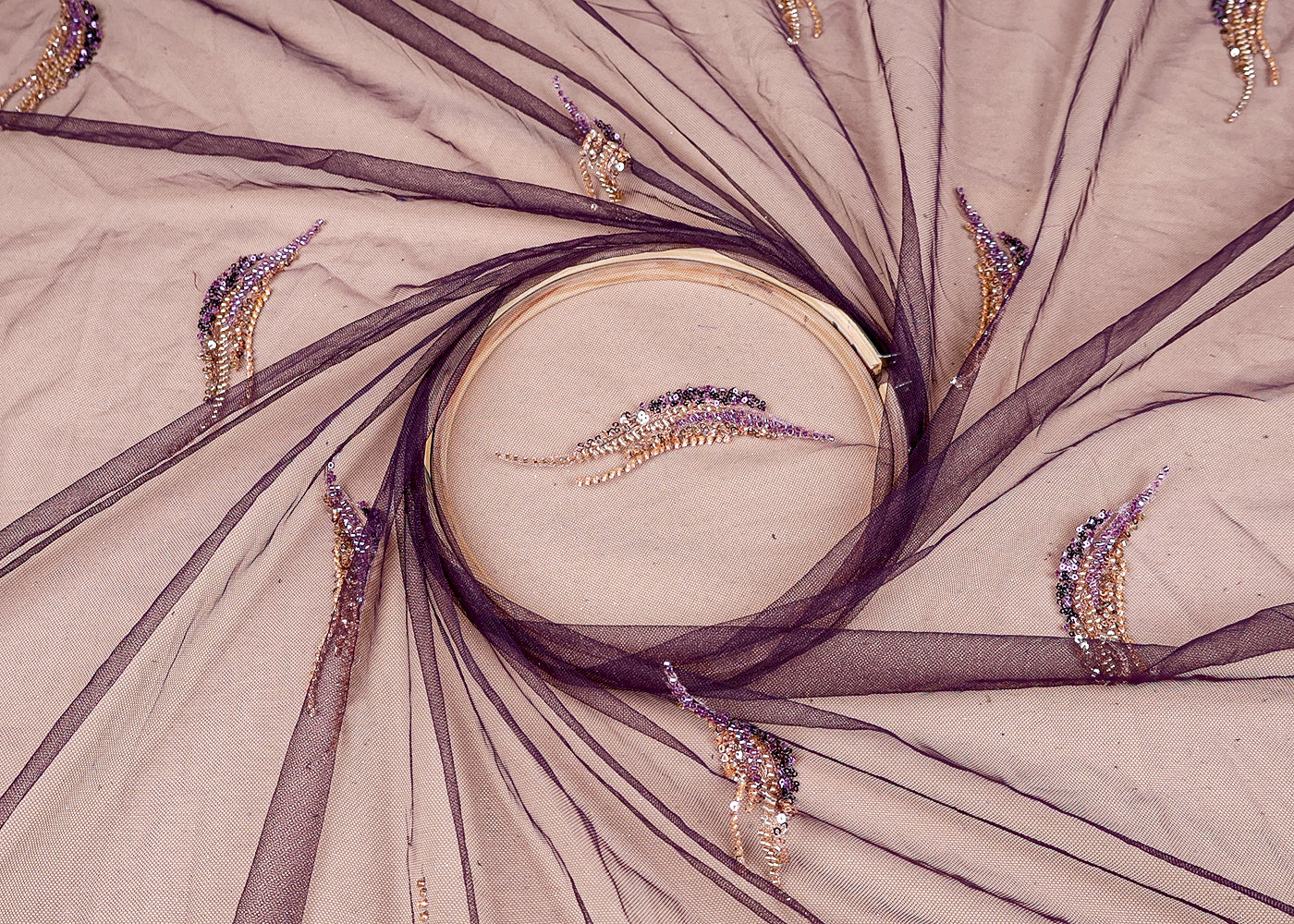 (Pre-Cut 2 MTR) Purple Imported Net Fabric With All Over Sequins, Katdana And Thread Work With Two Side Scalloped Border 18509