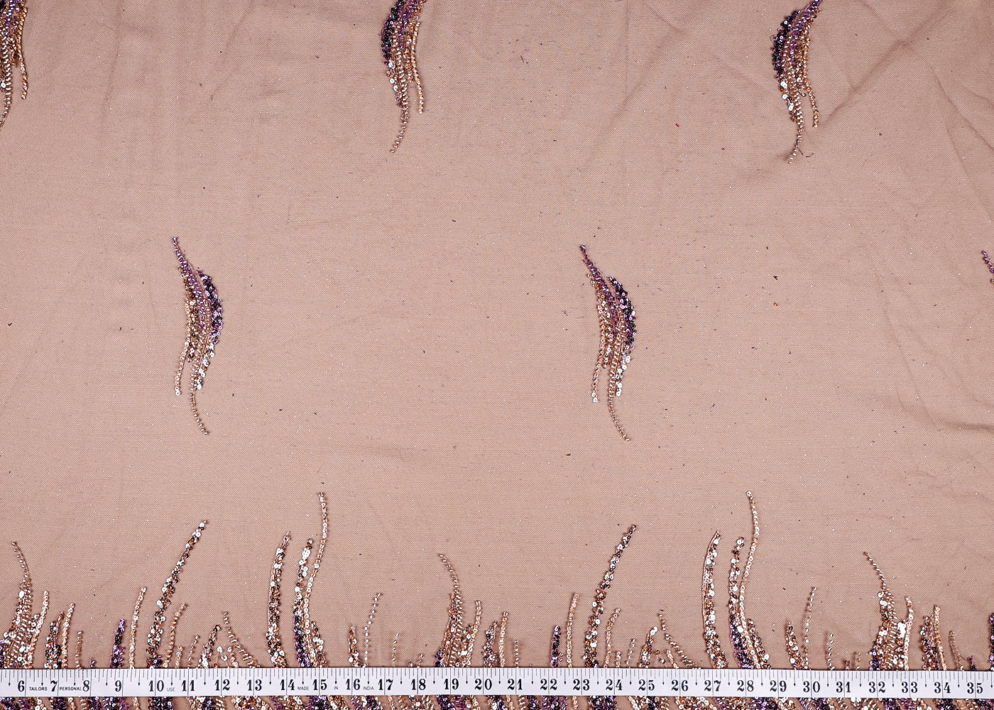 (Pre-Cut 2 MTR) Purple Imported Net Fabric With All Over Sequins, Katdana And Thread Work With Two Side Scalloped Border 18509