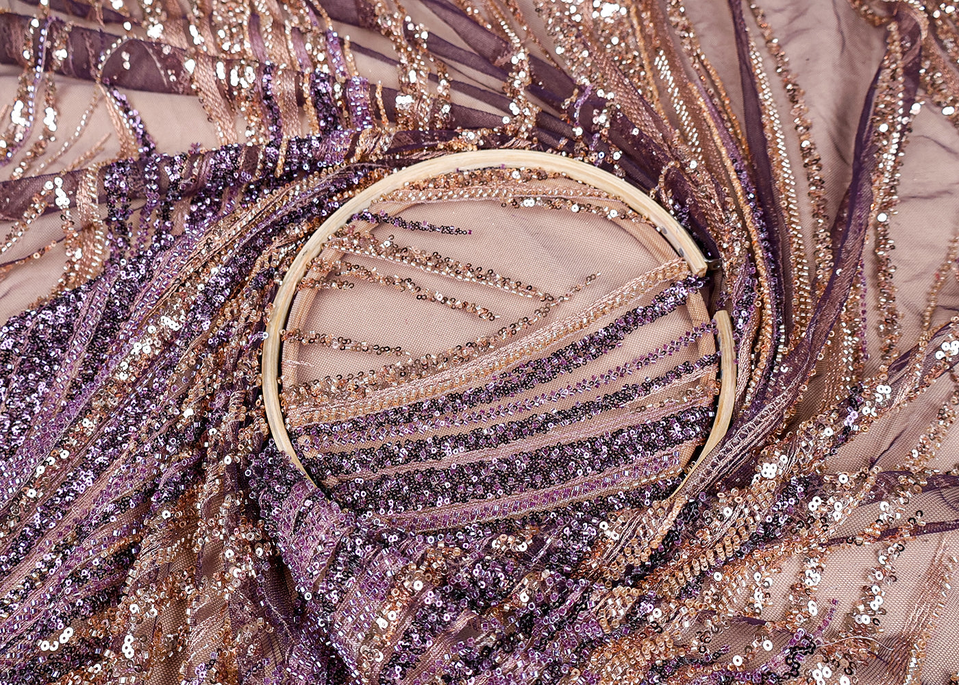 (Pre-Cut 1 MTR) Purple Imported Net Fabric With All Over Thread, Sequins And Bead Work 18510