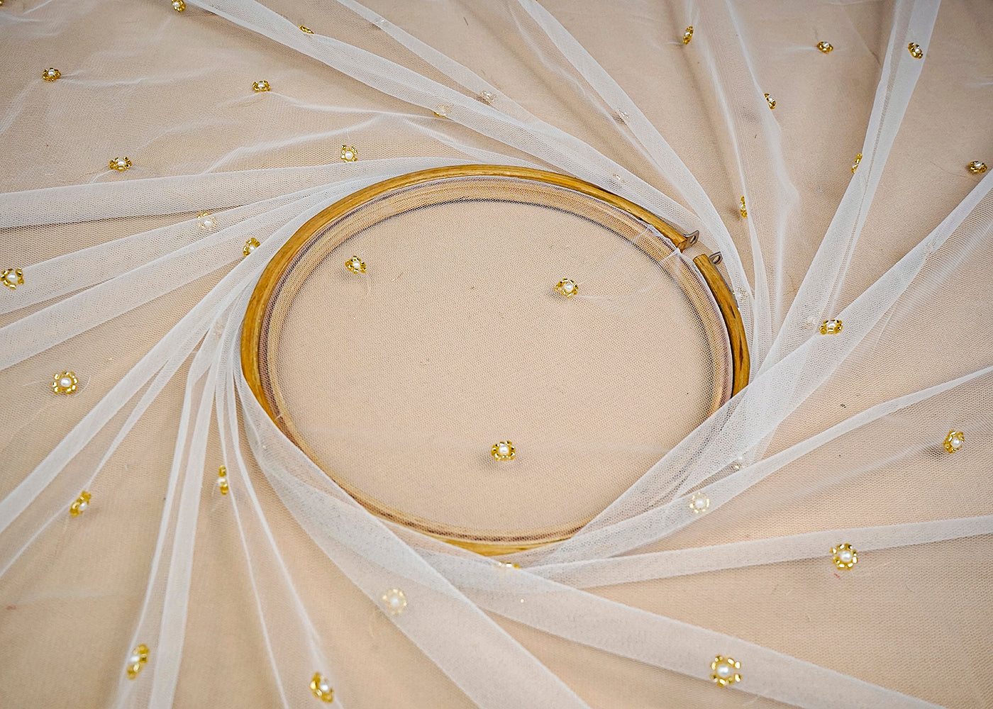 (Pre-Cut 1.5 MTR) White Net Fabric With All Over Bead Work  18511