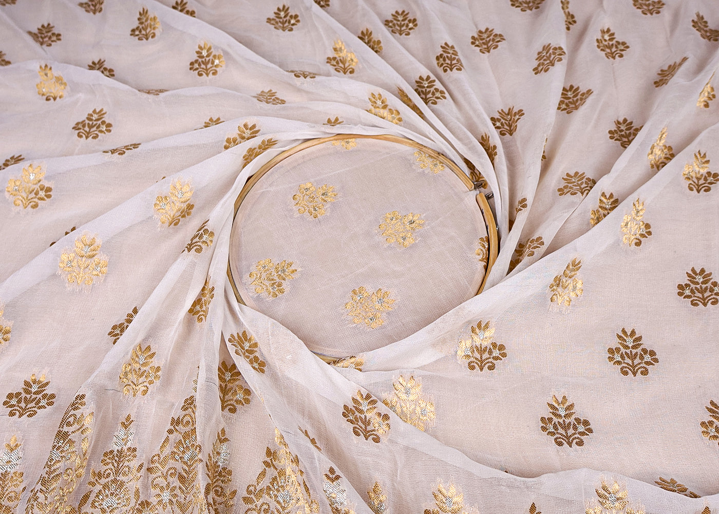 (Pre-Cut 1.6 MTR) White Georgette Fabric With All Over Zari Handloom And One Side Border 18514