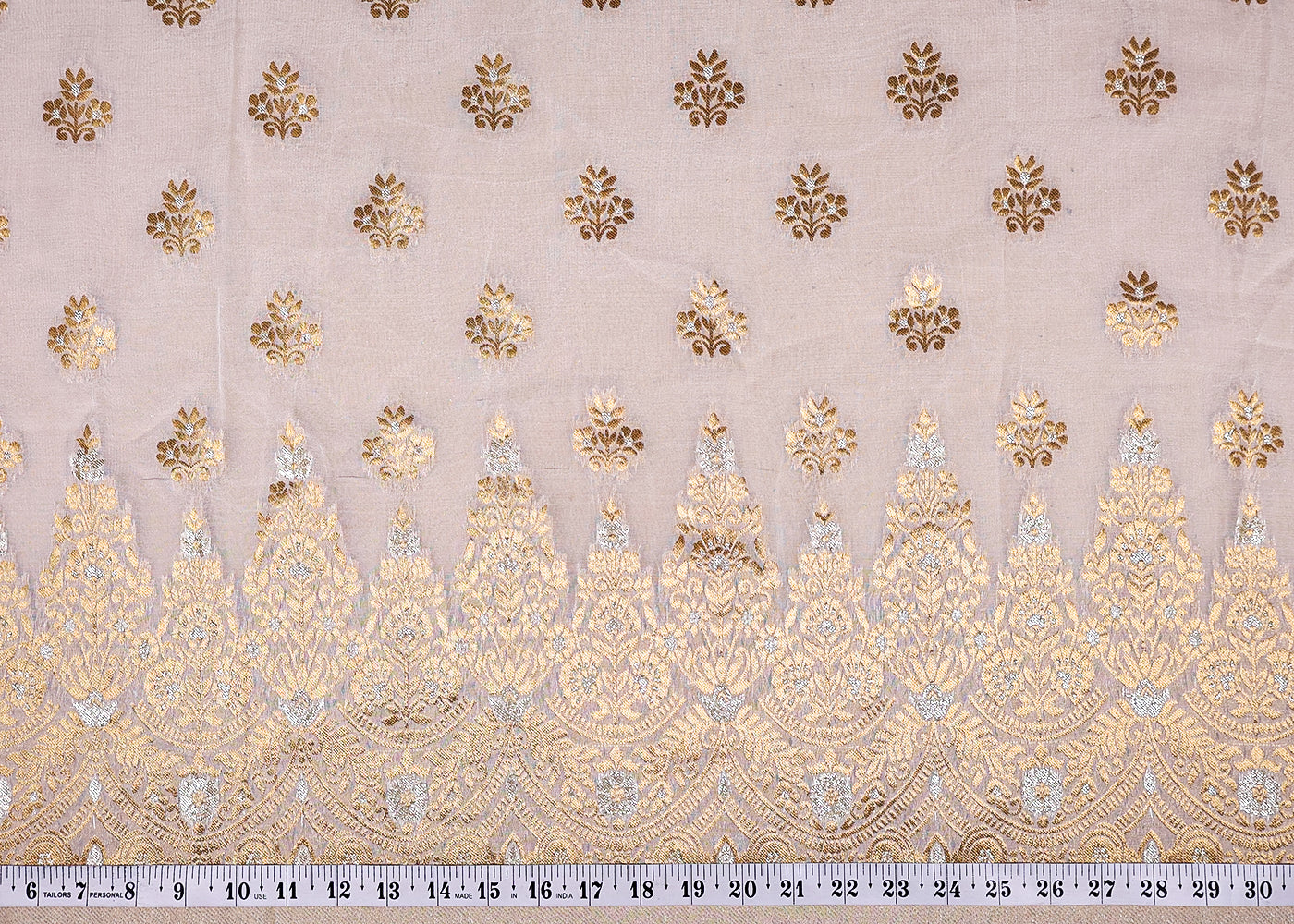 (Pre-Cut 1.6 MTR) White Georgette Fabric With All Over Zari Handloom And One Side Border 18514