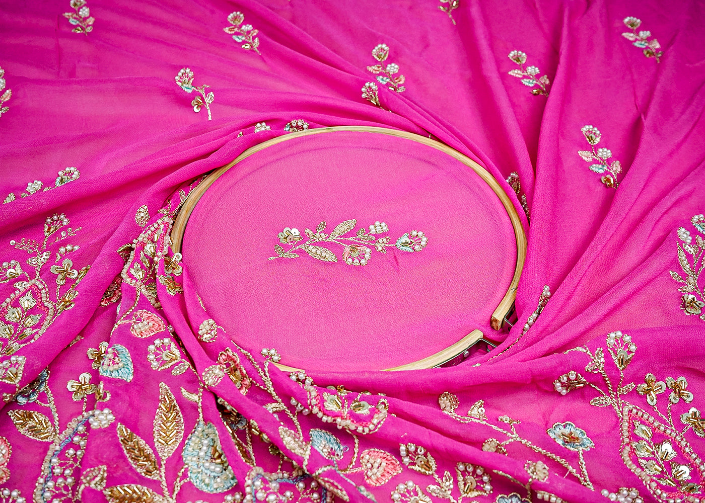 (Pre-Cut 1.25 MTR) Pink Georgette Fabric With All Over Thread, Zari Sequins, Katdana And Bead Work With One Side Border 18518