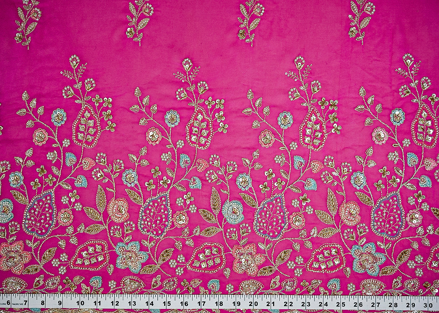 (Pre-Cut 1.25 MTR) Pink Georgette Fabric With All Over Thread, Zari Sequins, Katdana And Bead Work With One Side Border 18518