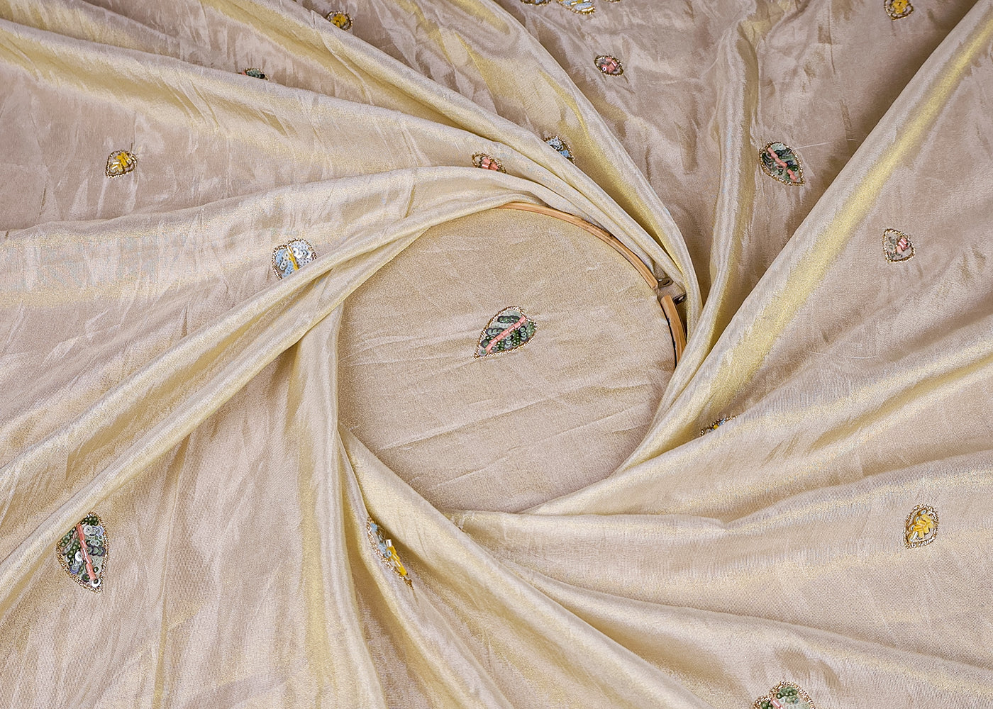 (Pre-Cut 1.9 MTR) Gold Tissue Fabric With All Over Sequins Katdana Bead And Zari With Two Side Border 18519
