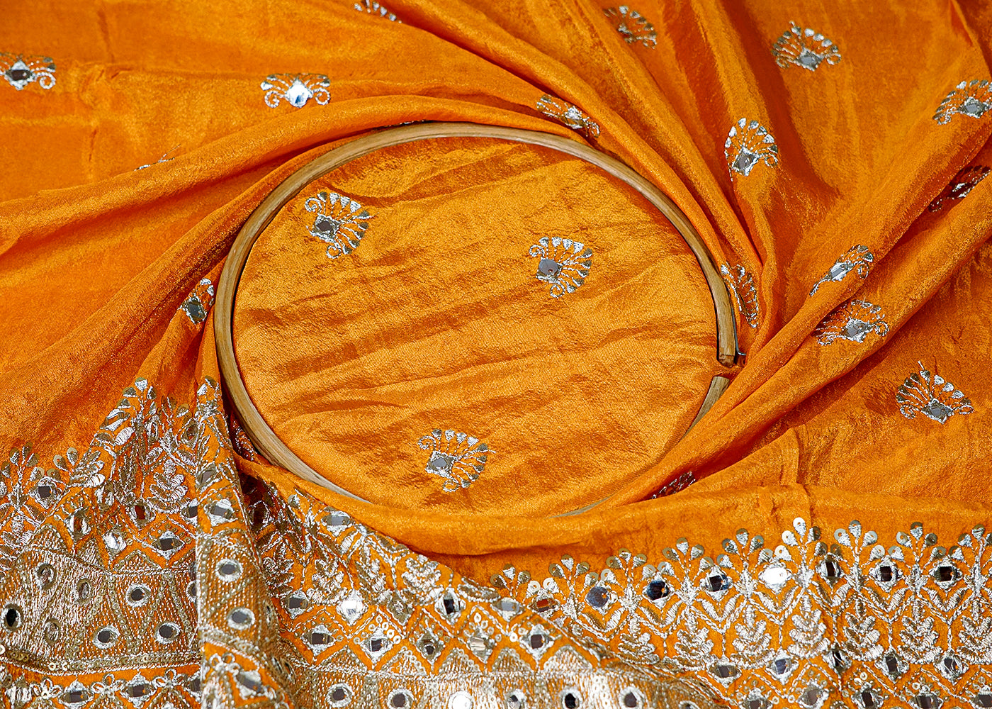 (Pre-Cut 2.1 MTR) Orange Tissue Fabric With All Over Zari And Faux Mirror Work With One Side Border 18521