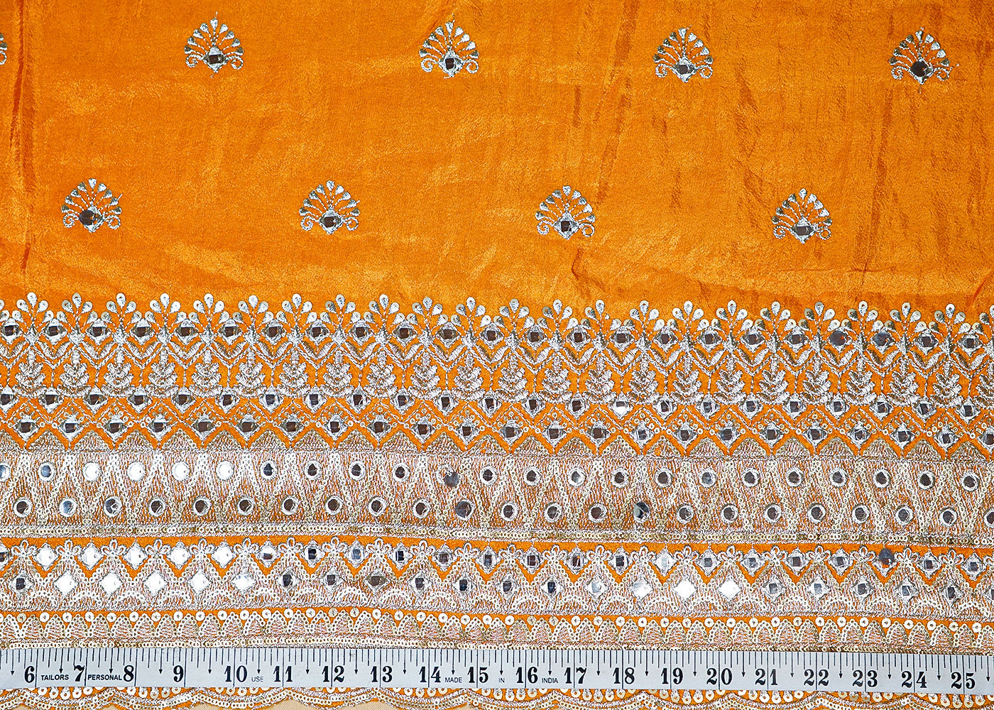 (Pre-Cut 2.1 MTR) Orange Tissue Fabric With All Over Zari And Faux Mirror Work With One Side Border 18521