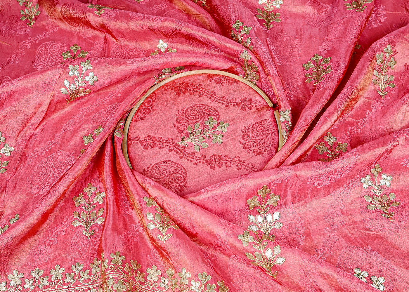 (Pre-Cut 2 MTR) Pink Tissue Fabric With All Over Gotapatti Work With One Side Border 18523