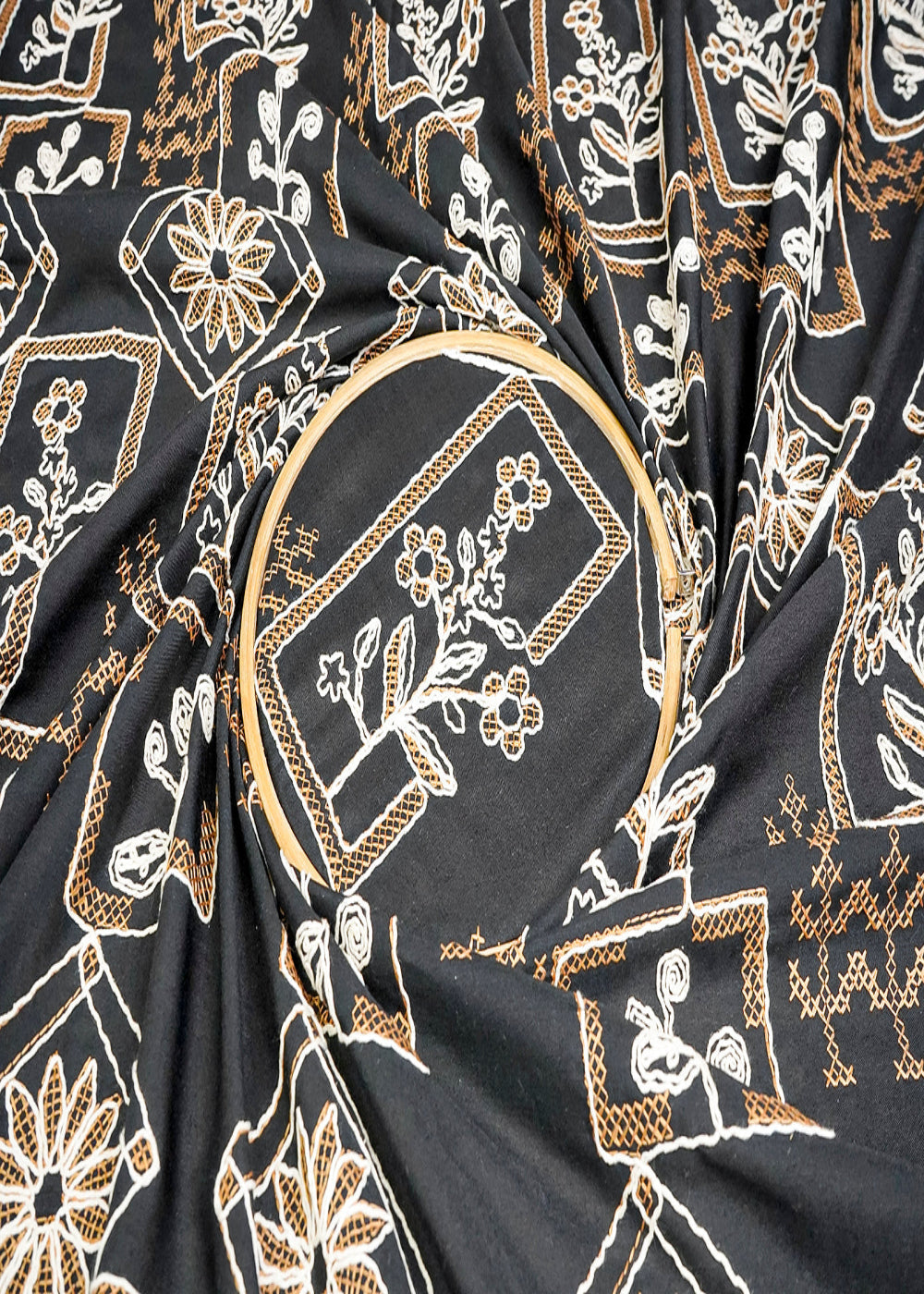 (Pre-Cut-1.25-MTR)-Black-Cotton-Fabric-With-All-Over-Thread-Work-18524
