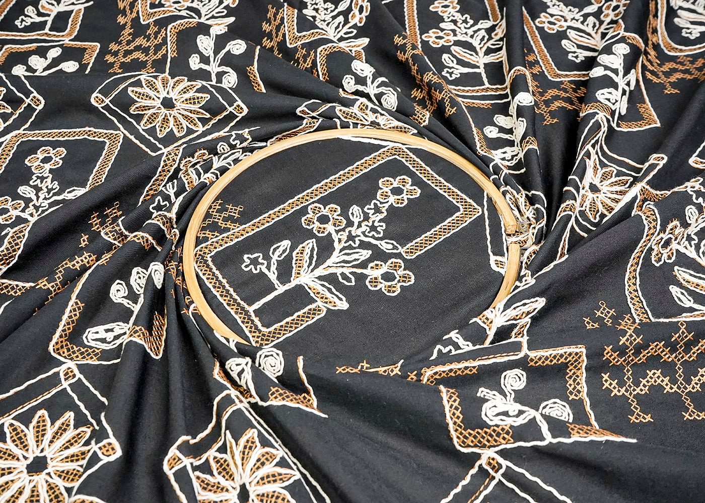 (Pre-Cut 1.25 MTR) Black Cotton Fabric With All Over Thread Work   18524
