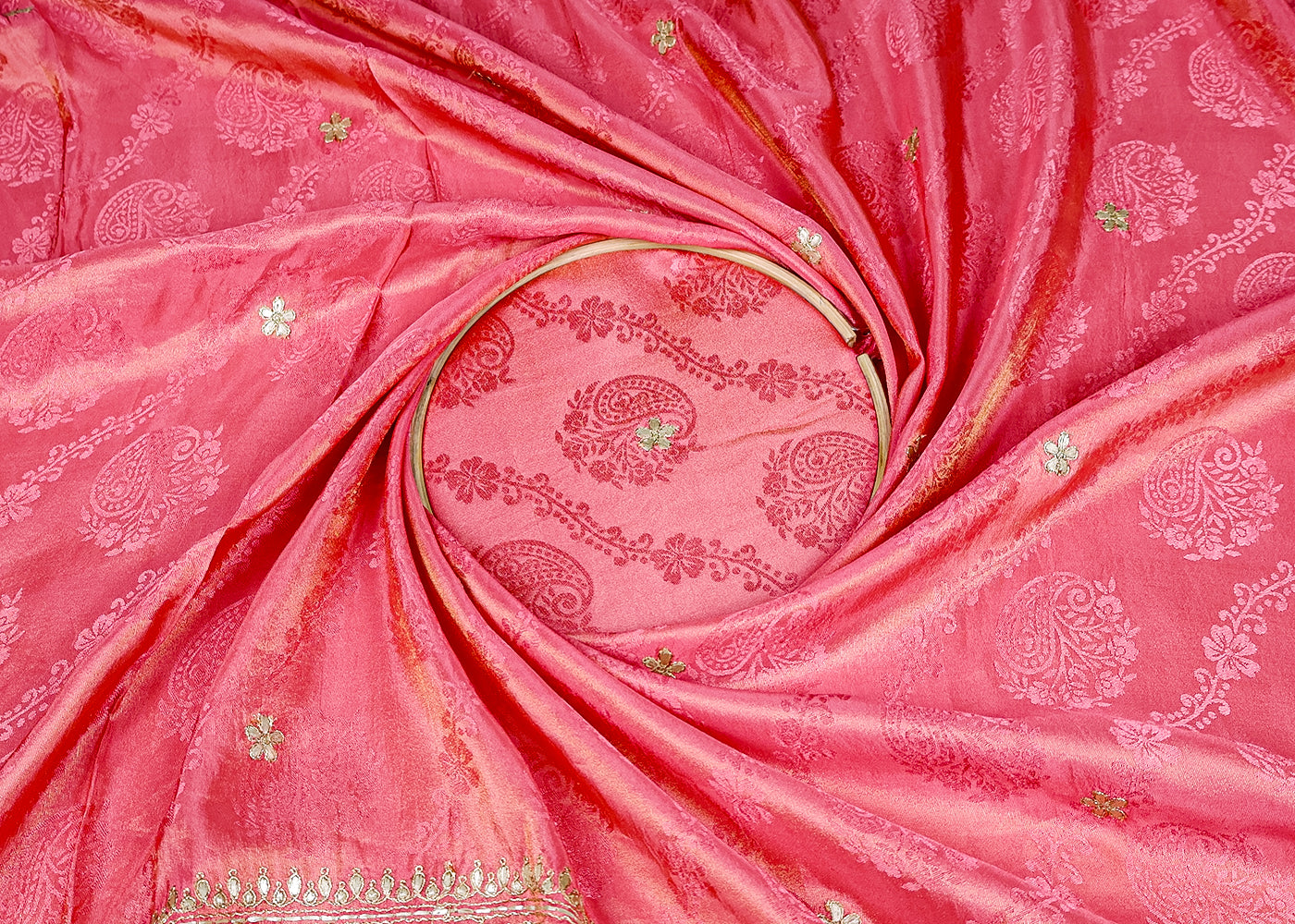 (Pre-Cut 1.8 MTR) Pink Tissue Fabric With All Over Gotapatti Work With Two Side Border 18525