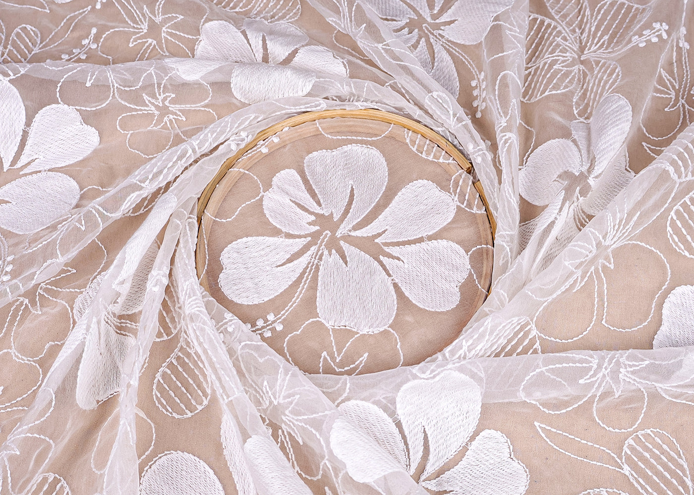 (Pre-Cut 2 MTR) White Organza Fabric With All Over Thread Work 18528