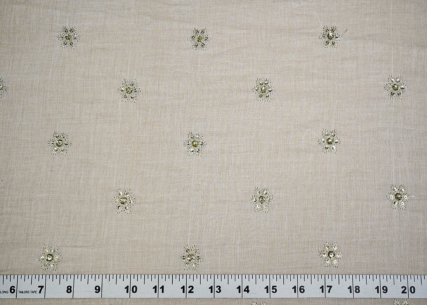 (Pre-Cut 2 MTR) White Cotton Fabric With All Over Zari And Sequins Buti  18530