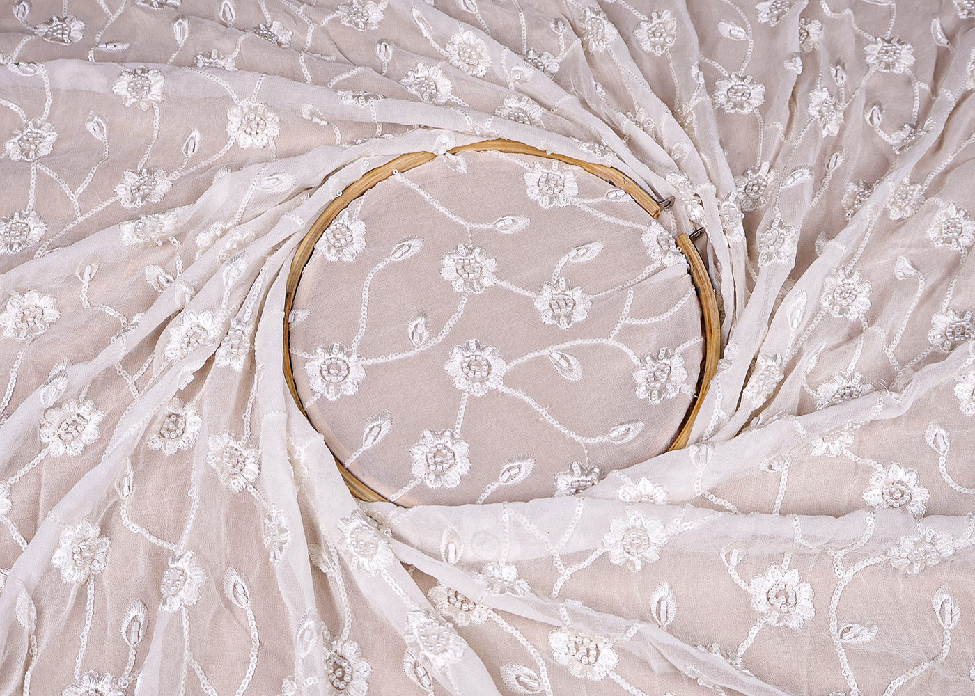 (Pre-Cut 0.75 MTR) White Georgette Fabric With All Over Thread And Bead Work 18531