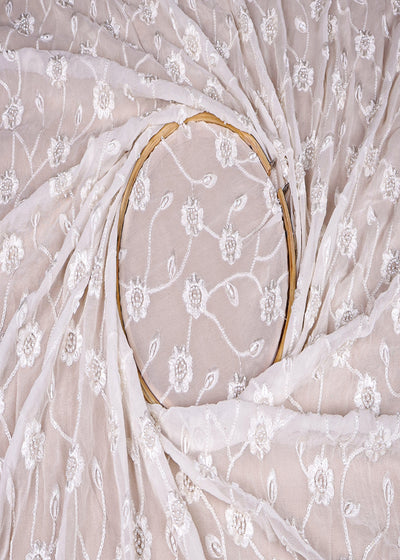 (Pre-Cut 0.75 MTR) White Georgette Fabric With All Over Thread And Bead Work 18531