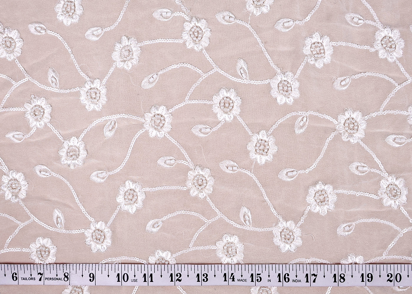 (Pre-Cut 0.75 MTR) White Georgette Fabric With All Over Thread And Bead Work 18531