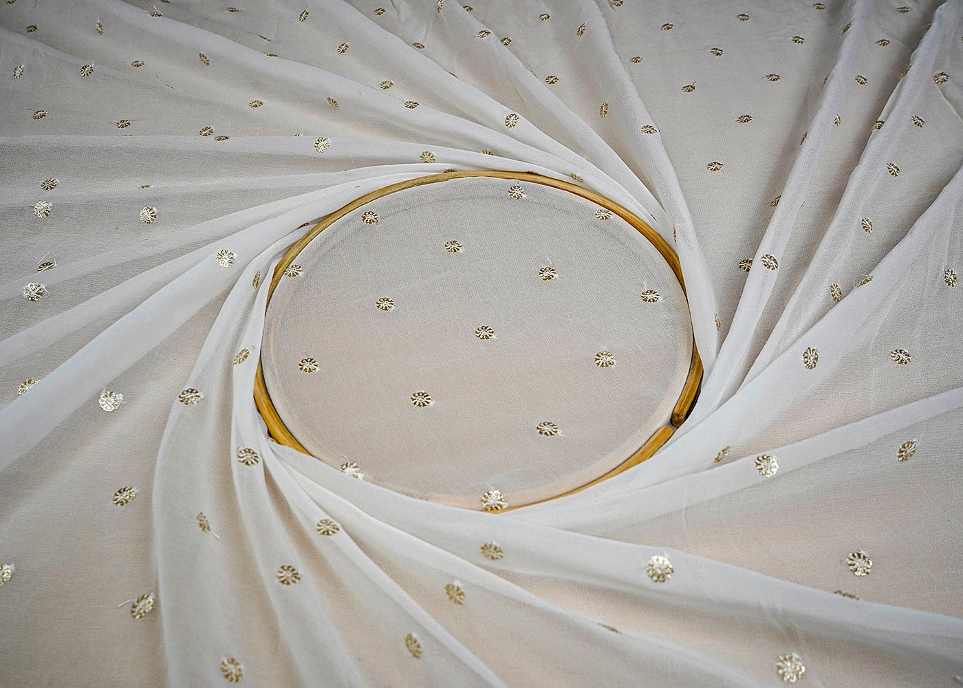 (Pre-Cut 1.5 MTR) White Georgette Fabric With All Over Thread And Sequins Buti 18532