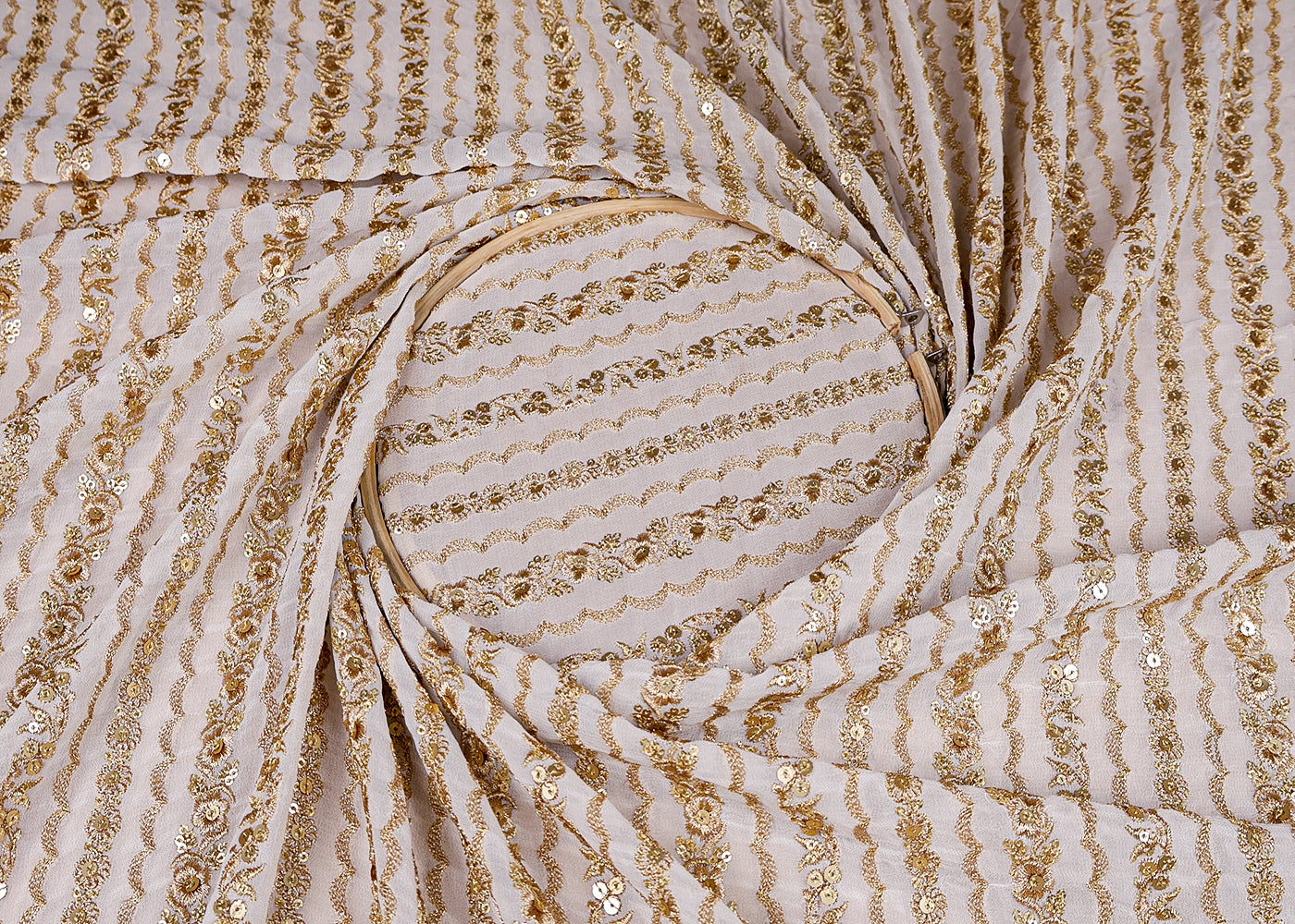 (Pre-Cut 1.7 MTR) White Georgette Fabric With All Over Stripes Of Zari And Sequins Work 18536