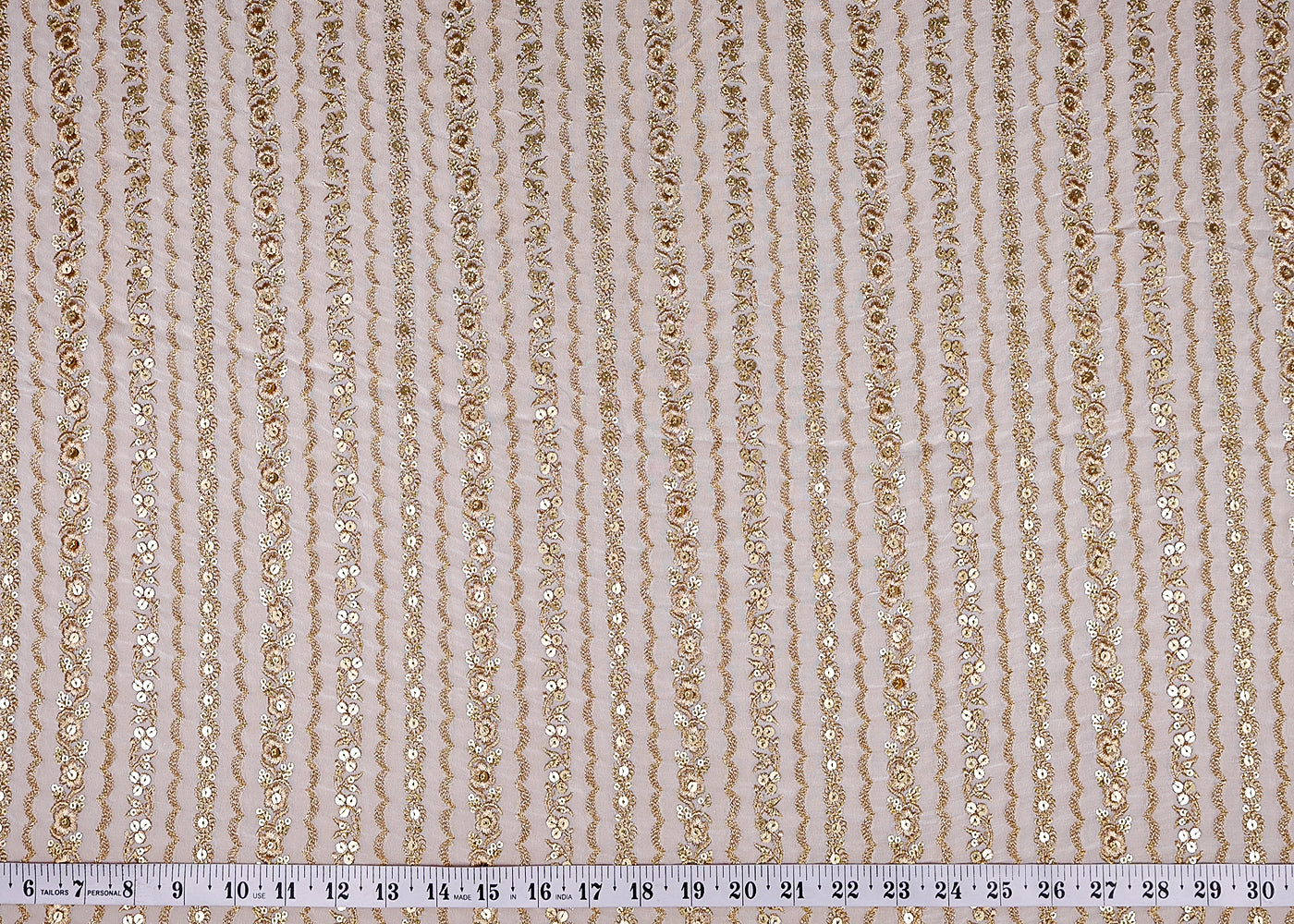 (Pre-Cut 1.7 MTR) White Georgette Fabric With All Over Stripes Of Zari And Sequins Work 18536
