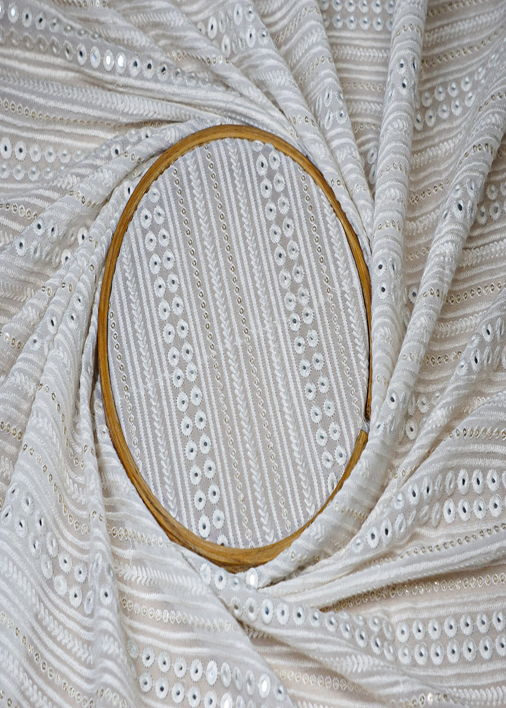 (Pre-Cut-1.8-MTR)-White-Georgette-Fabric-With-All-Over-Thread-Sequins-And-Faux-Mirror-18538