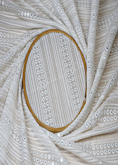 (Pre-Cut 1.8 MTR) White Georgette Fabric With All Over Thread Sequins And Faux Mirror 18538