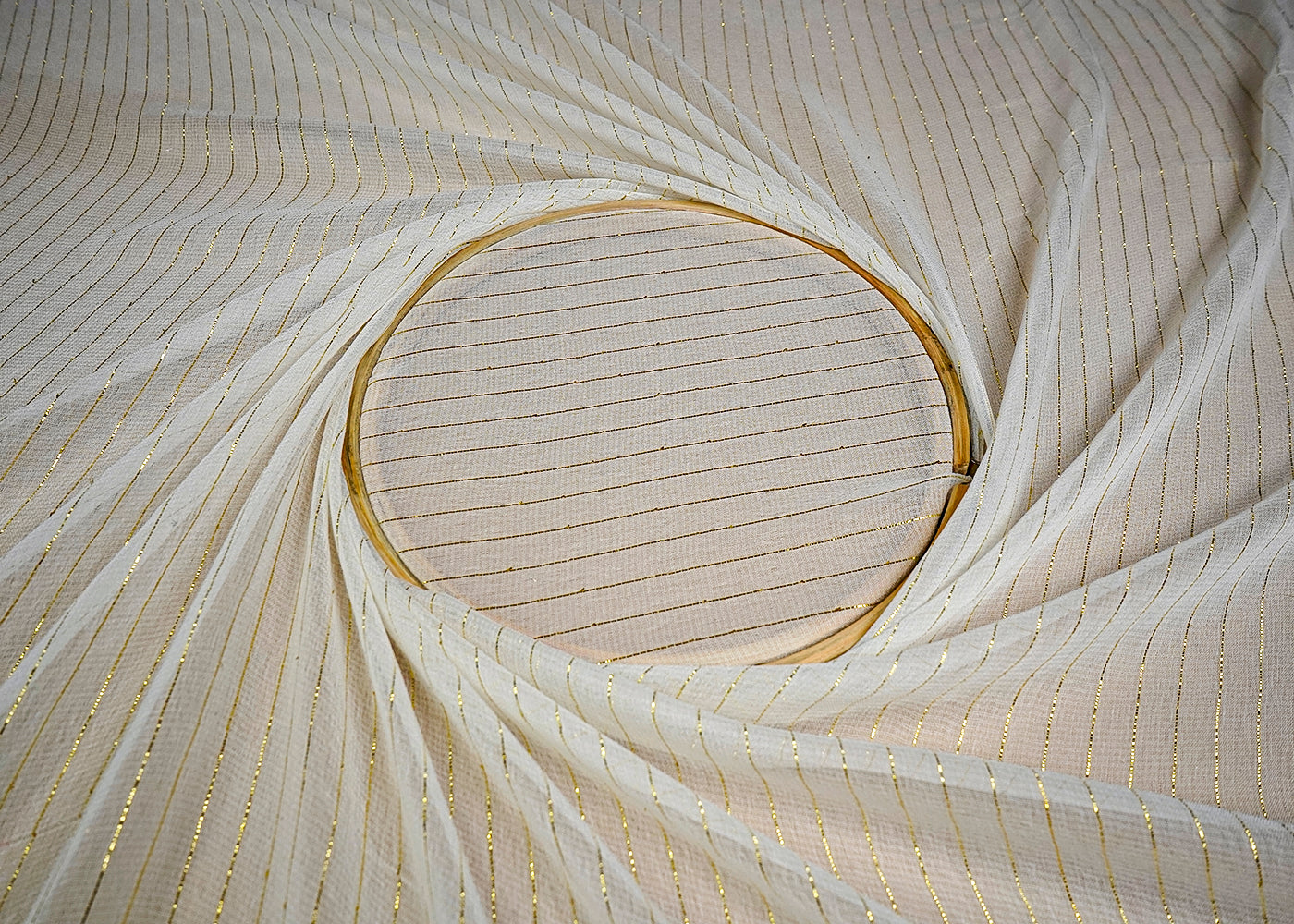(Pre-Cut 2.2 MTR) White Georgette Fabric With All Over Lurex Thread Stripes 18539