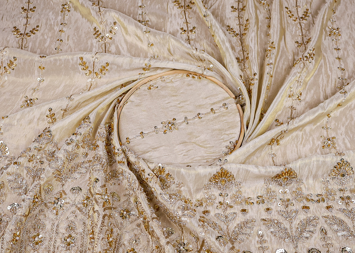 (Pre-Cut 1.9 MTR) Gold Tissue Fabric With All Over Sequins Katdana Bead And Zari With One Side Heavy Border 18541