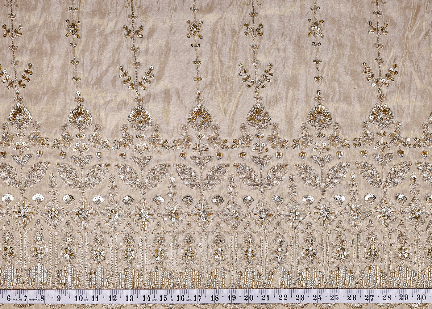 (Pre-Cut 1.9 MTR) Gold Tissue Fabric With All Over Sequins Katdana Bead And Zari With One Side Heavy Border 18541