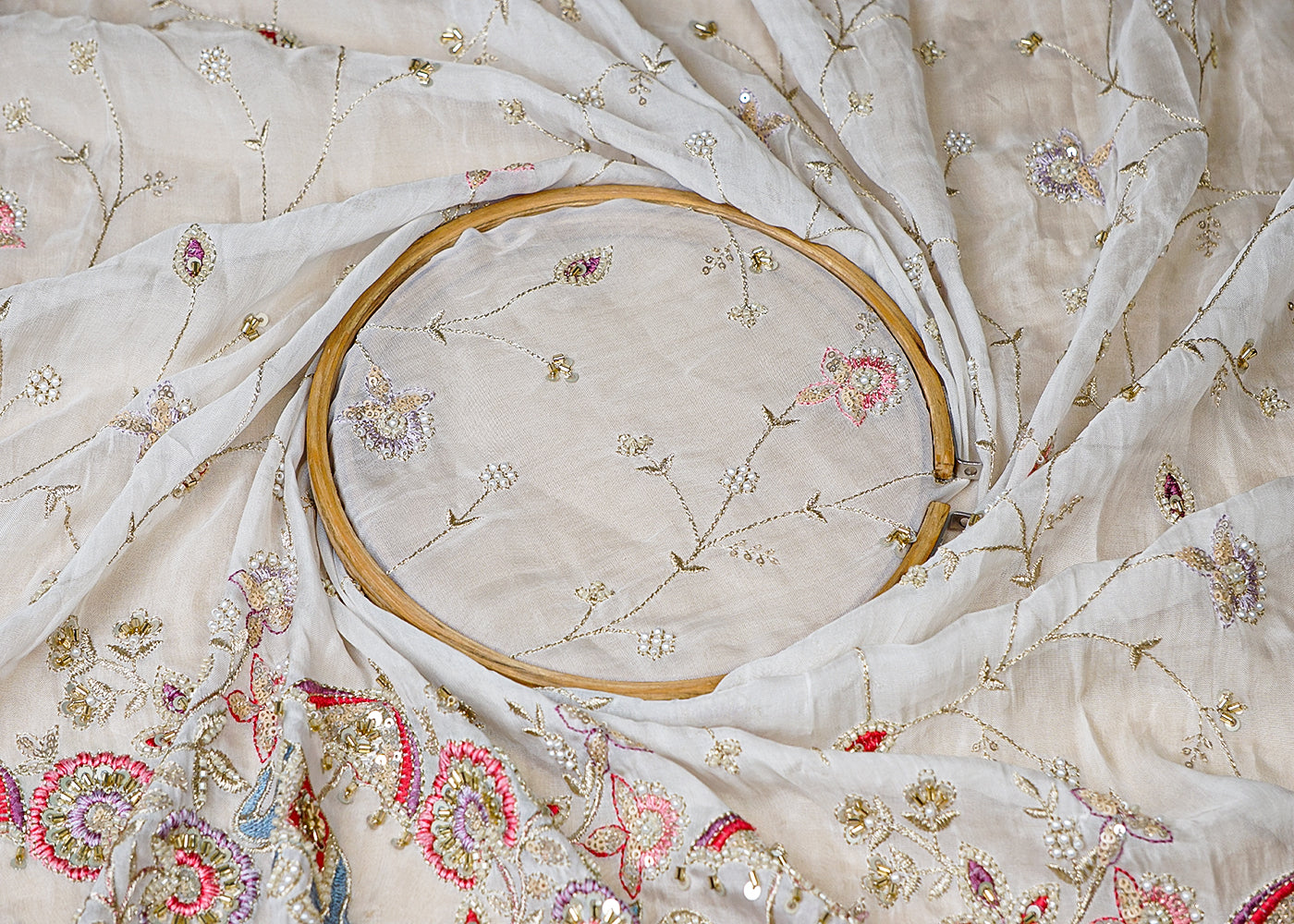 (Pre-Cut 1.8 MTR) White Organza Fabric With All Over Thread Zari Bead And Sequins Work With One Side Heavy Border 18542