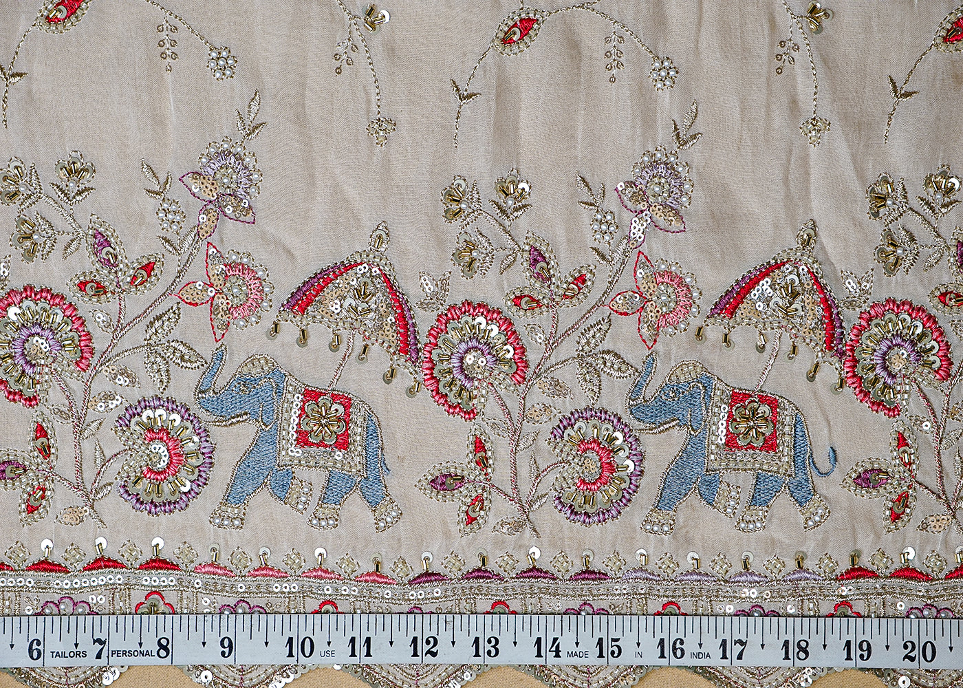 (Pre-Cut 1.8 MTR) White Organza Fabric With All Over Thread Zari Bead And Sequins Work With One Side Heavy Border 18542