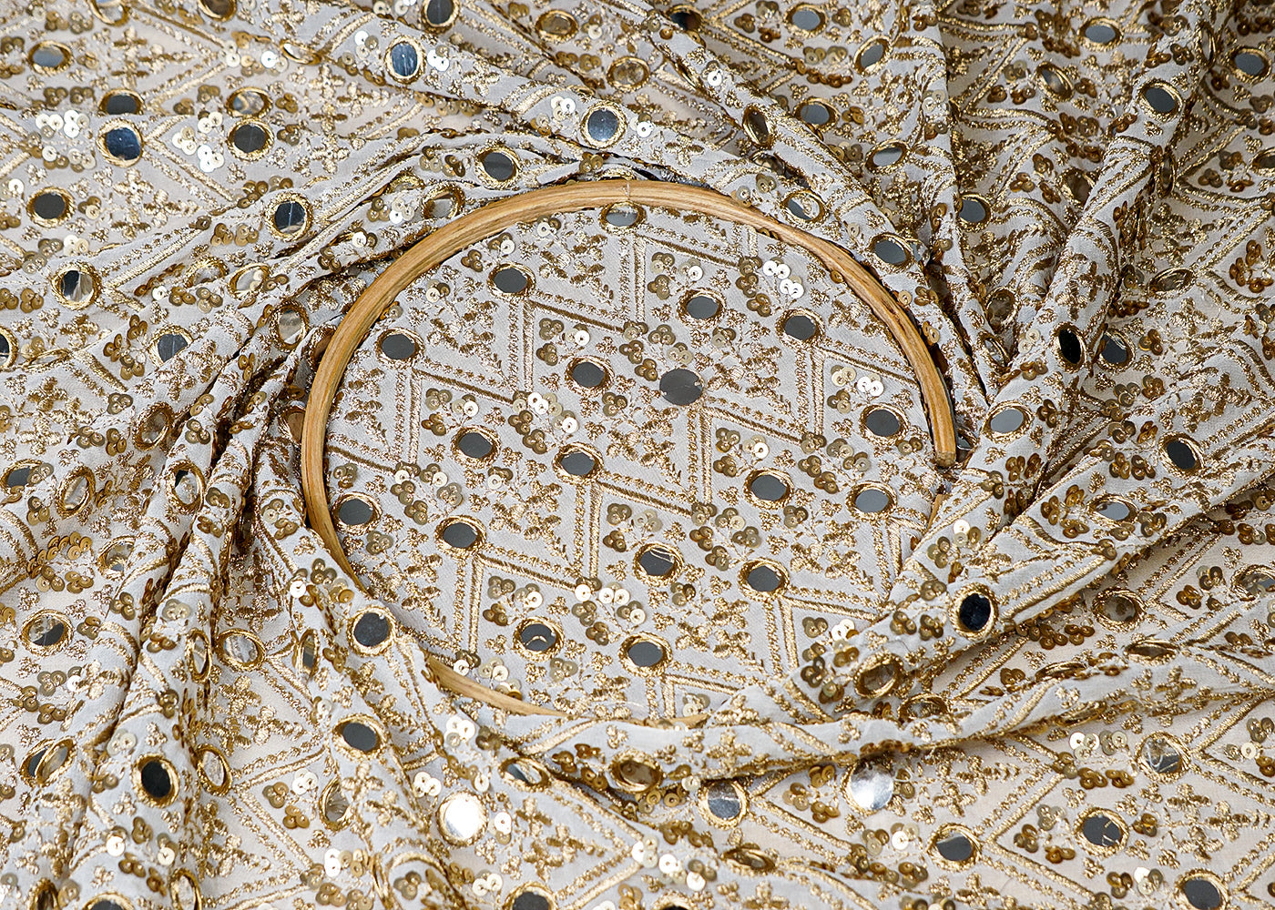 (Pre-Cut 1.8 MTR) White Georgette Fabric With All Over Sequins Zari And Faux Mirror Work 18543