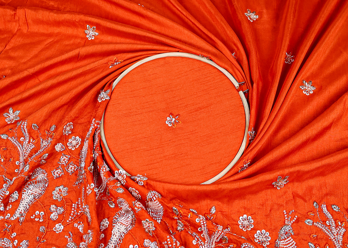 (Pre-Cut 1.5 MTR) Orange Dola Silk Fabric With All Over Katdana Sequins And Zari Buti With One Side Heavy Border 18544