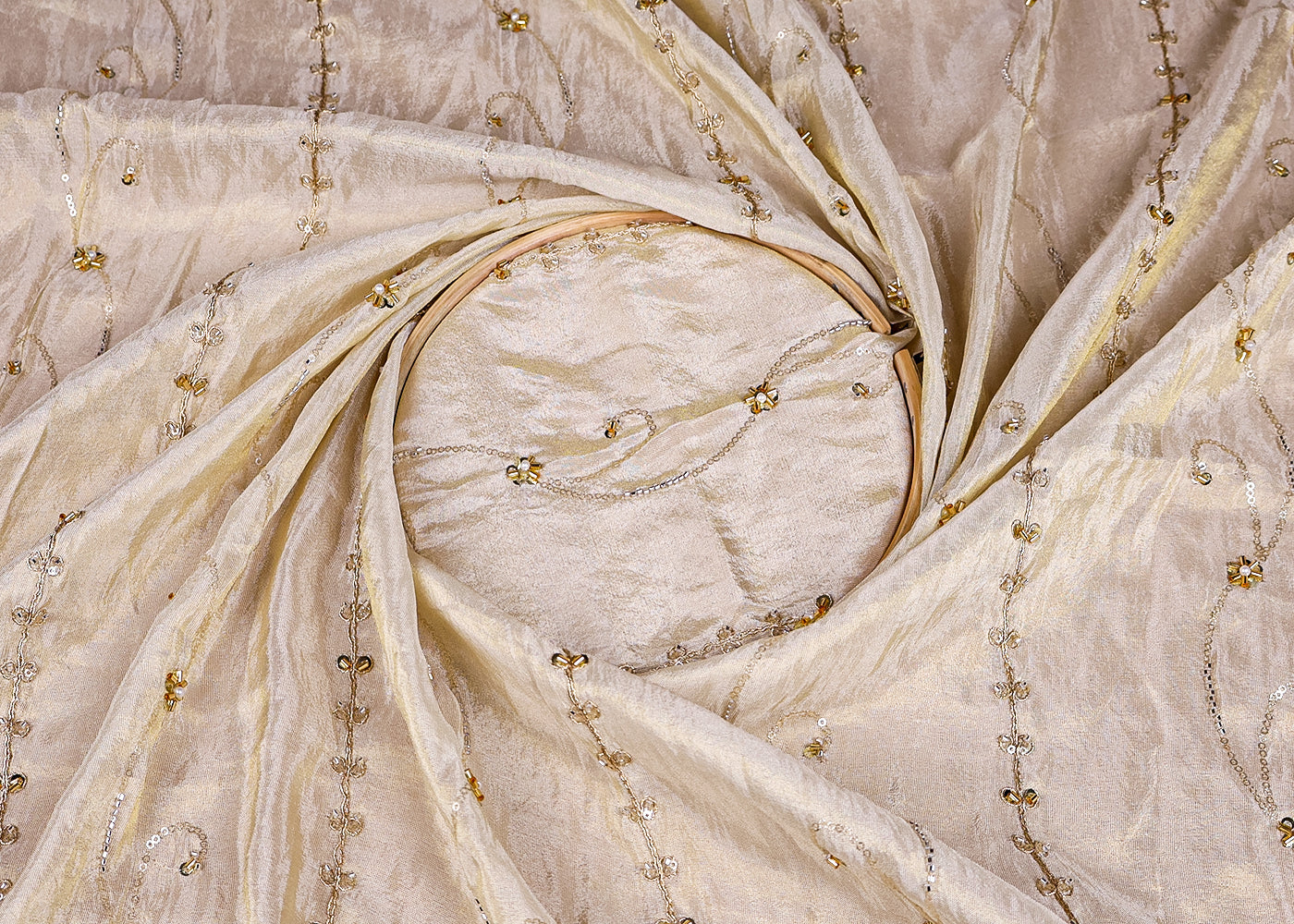 (Pre-Cut 2 MTR) Gold Tissue Fabric With All Over Sequins Katdana And Zari With Two Side Scalloped Border 18546