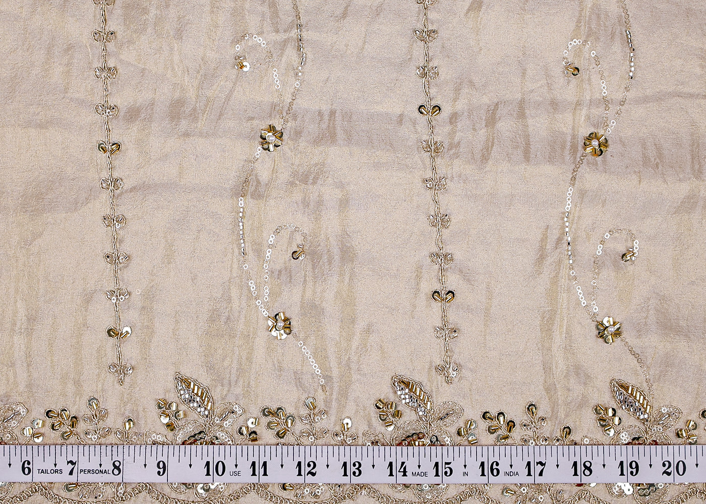 (Pre-Cut 2 MTR) Gold Tissue Fabric With All Over Sequins Katdana And Zari With Two Side Scalloped Border 18546