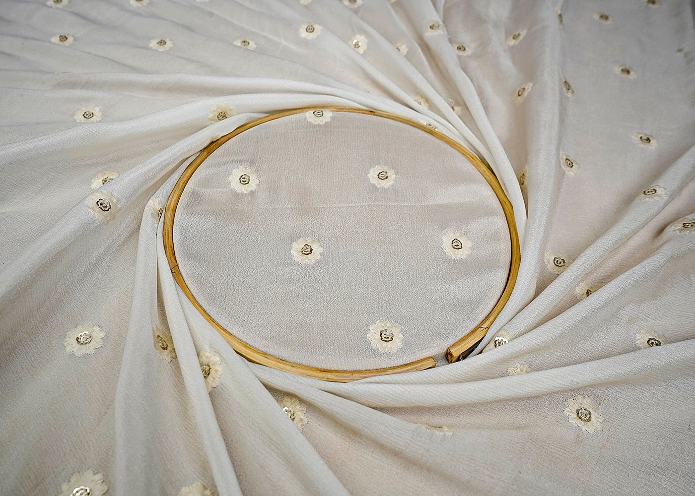 (Pre-Cut 2 MTR) White Chinon Chiffon  Fabric With All Over Thread And Sequins Work 18547