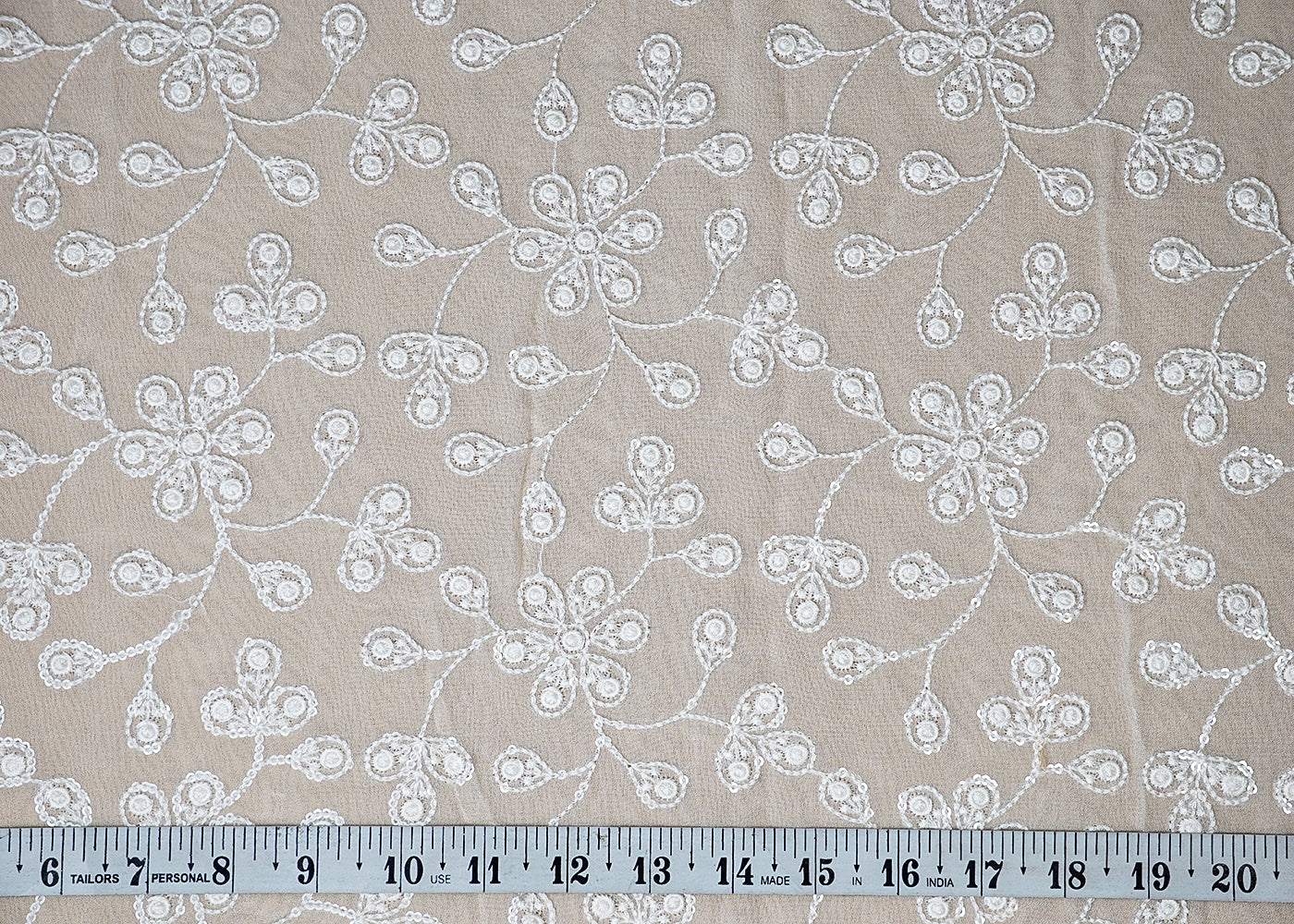 (Pre-Cut 2 MTR) White Georgette Fabric With All Over Thread And Sequins Work 18549