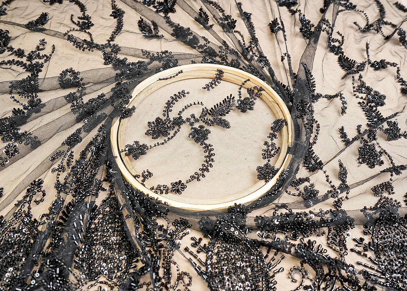 (Pre-Cut 0.9 MTR) Black Imported Net Fabric With All Over Katdana Sequins And Bead Work With One Side Border 18552