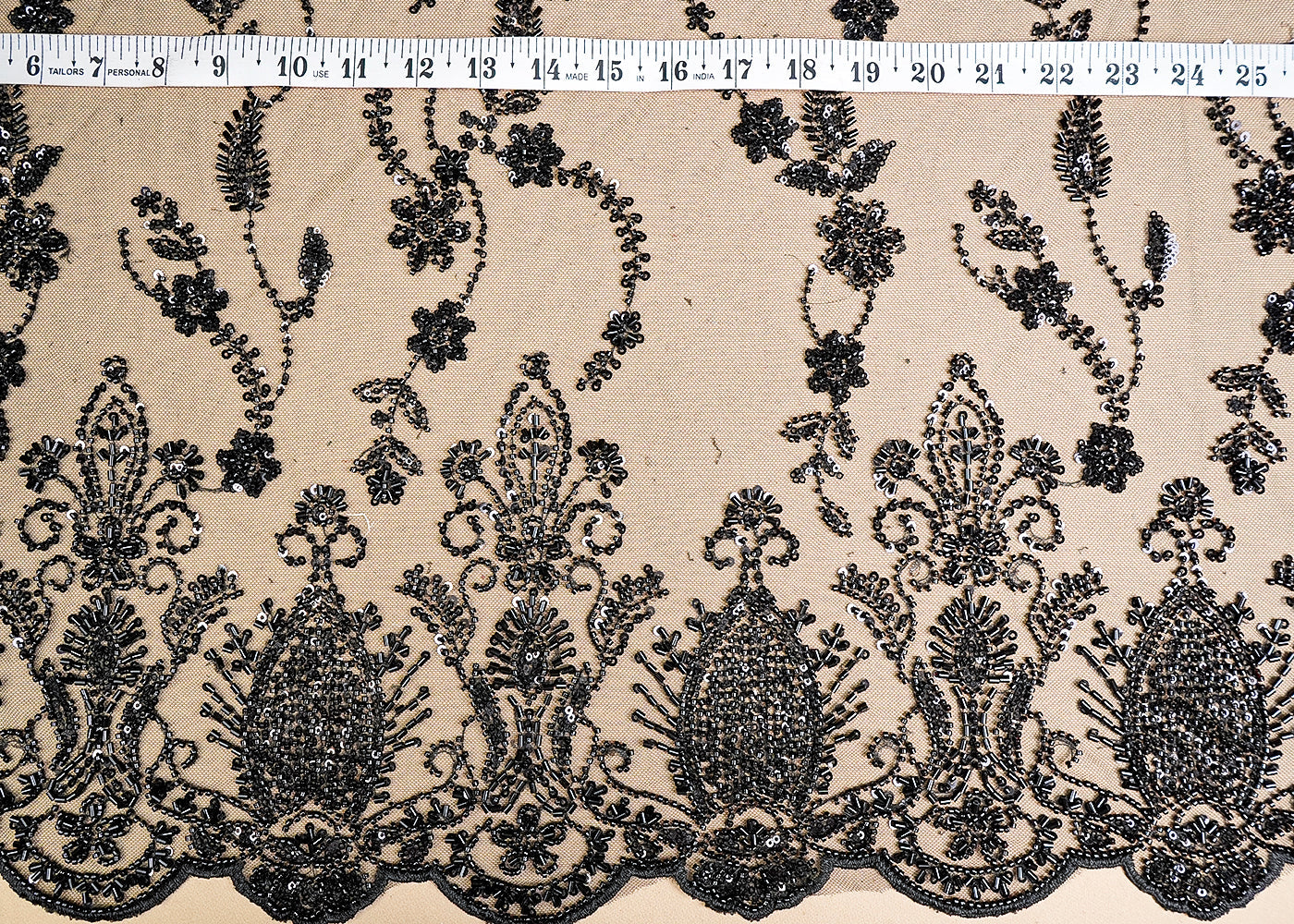 (Pre-Cut 0.9 MTR) Black Imported Net Fabric With All Over Katdana Sequins And Bead Work With One Side Border 18552