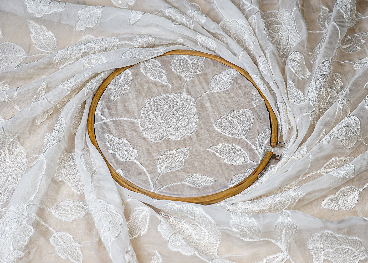 (Pre-Cut 1.5 MTR) White Organza Fabric With All Over Thread And Sequins Work  18554