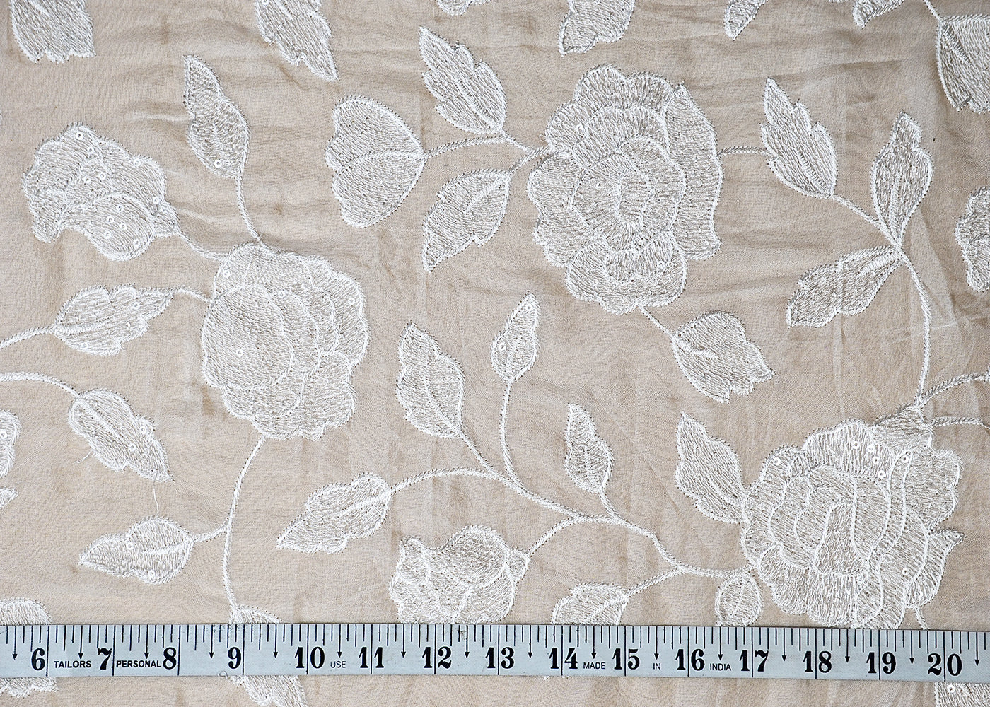 (Pre-Cut 1.5 MTR) White Organza Fabric With All Over Thread And Sequins Work  18554