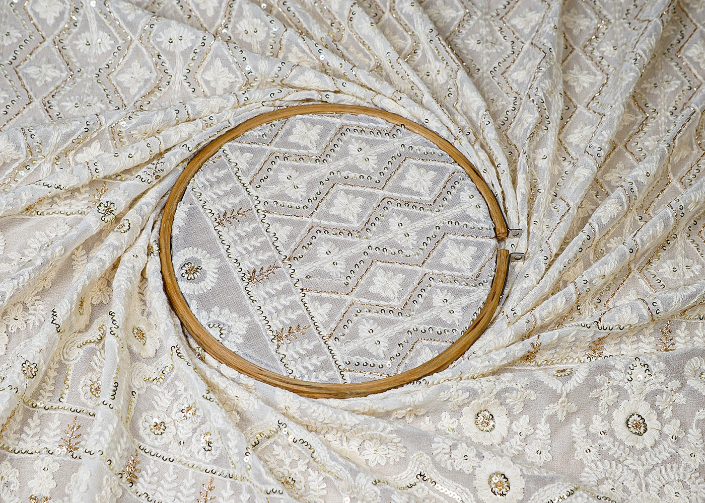 (Pre-Cut 2 MTR) White Georgette Fabric With All Over Thread And Sequins Work With One Side Border 18555