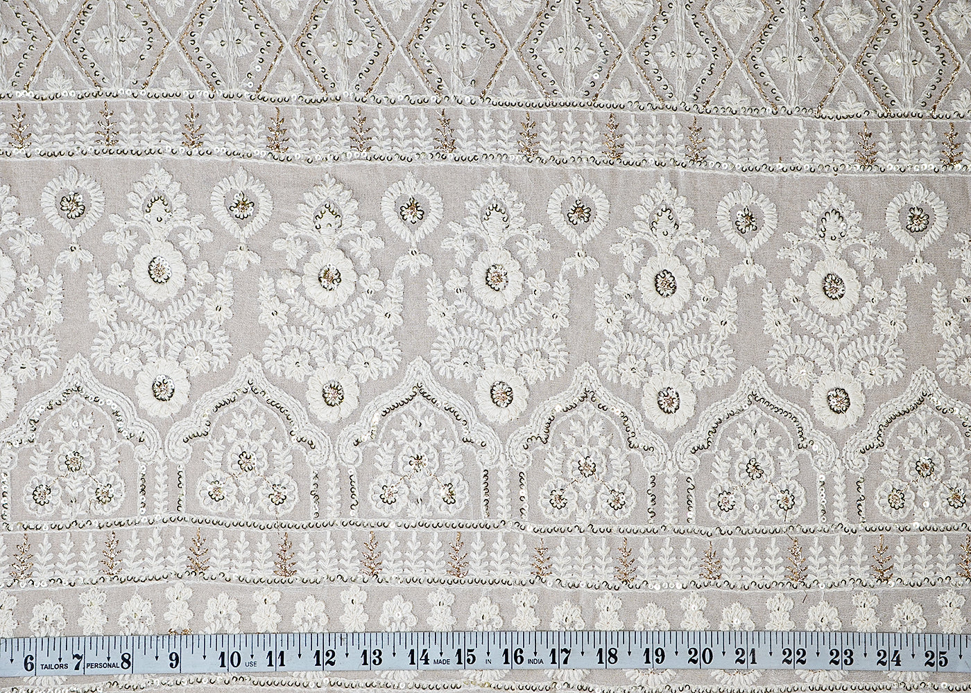 (Pre-Cut 2 MTR) White Georgette Fabric With All Over Thread And Sequins Work With One Side Border 18555